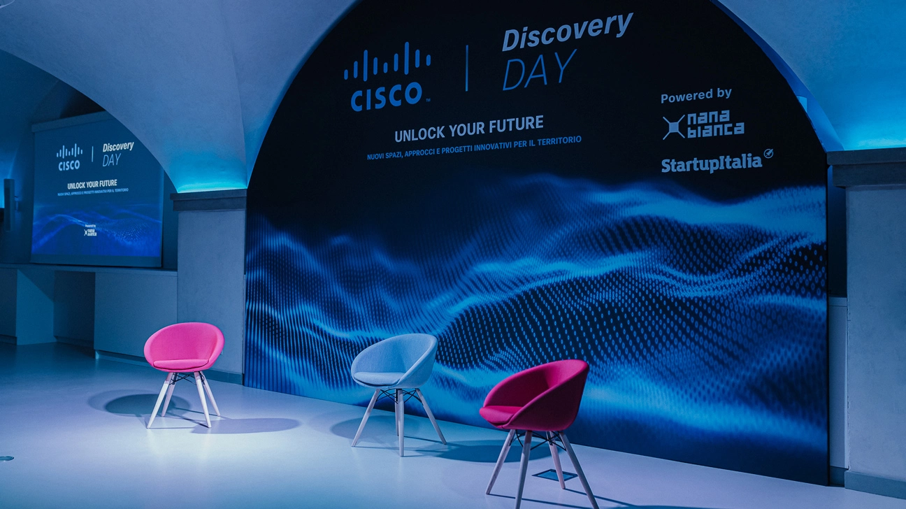 Allestimento del Cisco Discovery Day organizzato da Nana Bianca e StartupItalia: un evento dedicato a innovazione, territorio e digital transformation.
